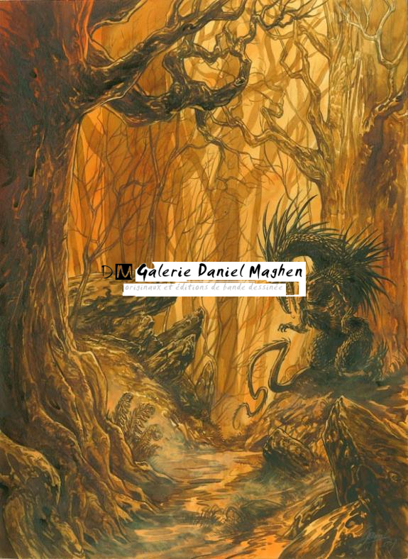 dragon orange dans forêt - Gwendal Lemercier - Gouache et encre de Chine - 1462