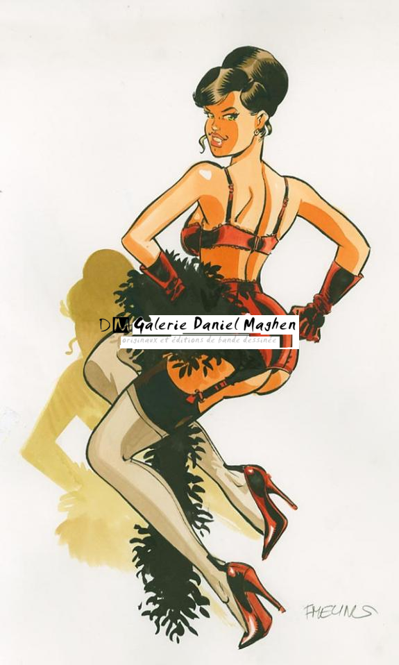 pin up brune en rouge (illu 3) - Félix Meynet - Encre de Chine et encre de couleur sur papier - 1555