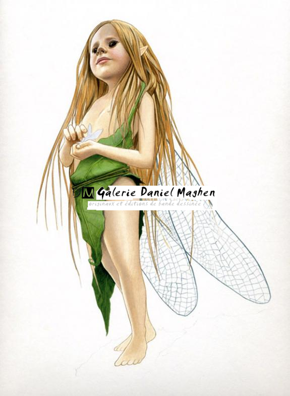 fée enfant blonde habillée d'une feuille avec fleur ds la main - Bruno Brucero - Acrylique - 1581