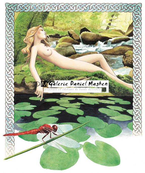 Illustration originale, elfe allongée au bord de l'eau - Bruno Brucero - Acrylique - 1584