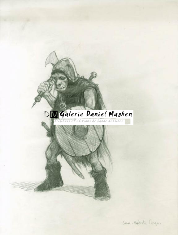 soldat orc avec hache, pliures au milieu - Jean-Baptiste Monge - Mine de plomb sur papier - 1796