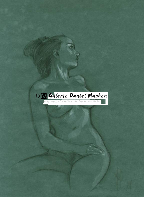 Nu de face sur papier de couleur - Fabrice Meddour - Mine de plomb et lavis sur papier - 1774