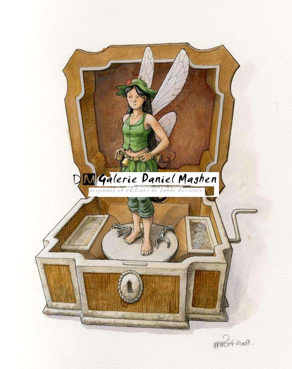 (fantastique) Fée Clochette, prisonnière de Crochet - Martin Maniez - Encre de couleur et mine de plomb sur papier - 2100