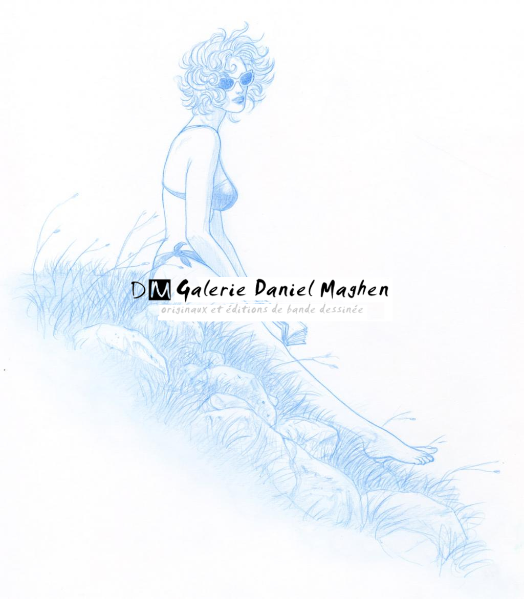 Femme en maillot et lunettes de soleil - Adriano De Vincentiis - Crayon de couleur sur papier - 2159