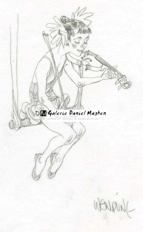 Petite fille au violon assise sur balançoire sur calque - Claire Wendling - Mine de plomb sur papier - 2996