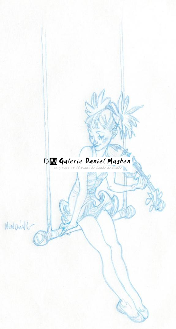 Fille au violon sur balançoire sur papier fin - pliure sur le coin haut gauche - Claire Wendling - Crayon de couleur sur papier - 2994