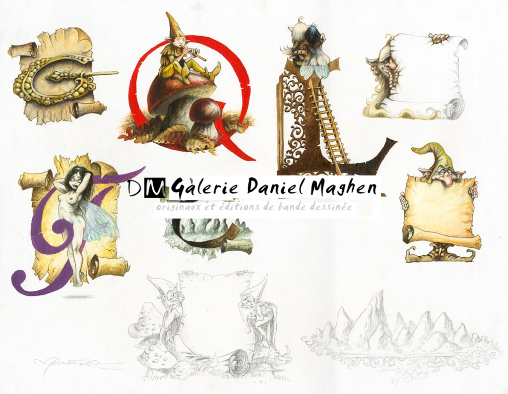 Lettrines couleurs G O L F C + divers - Pascal Moguérou - Encre de couleur et mine de plomb sur papier - 2286