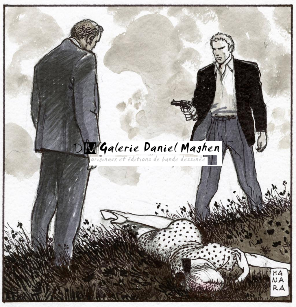 2 hommes 1 femme morte - Milo Manara - Mine plomb, feutre et lavis - 2334