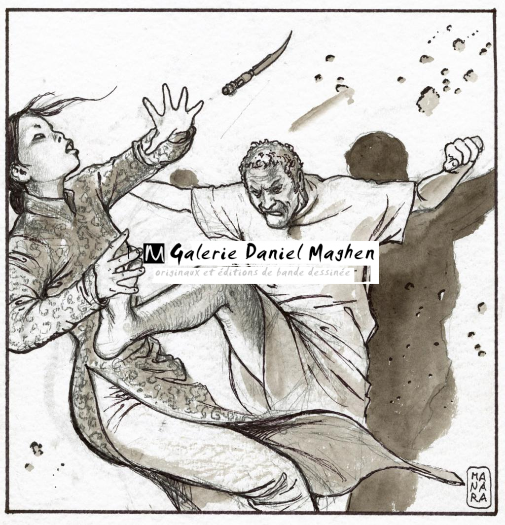 Bagarre avec chinoise au couteau - Milo Manara - Mine plomb, feutre et lavis - 2336