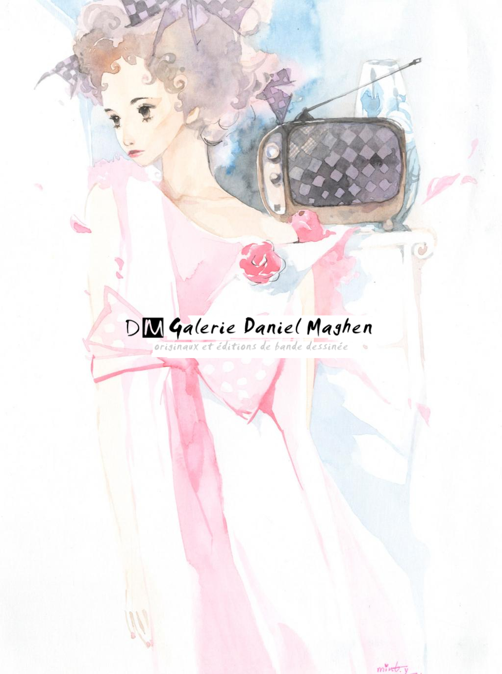 Illustration originale - fille à la radio - Mimi - Aquarelle sur papier - 2428