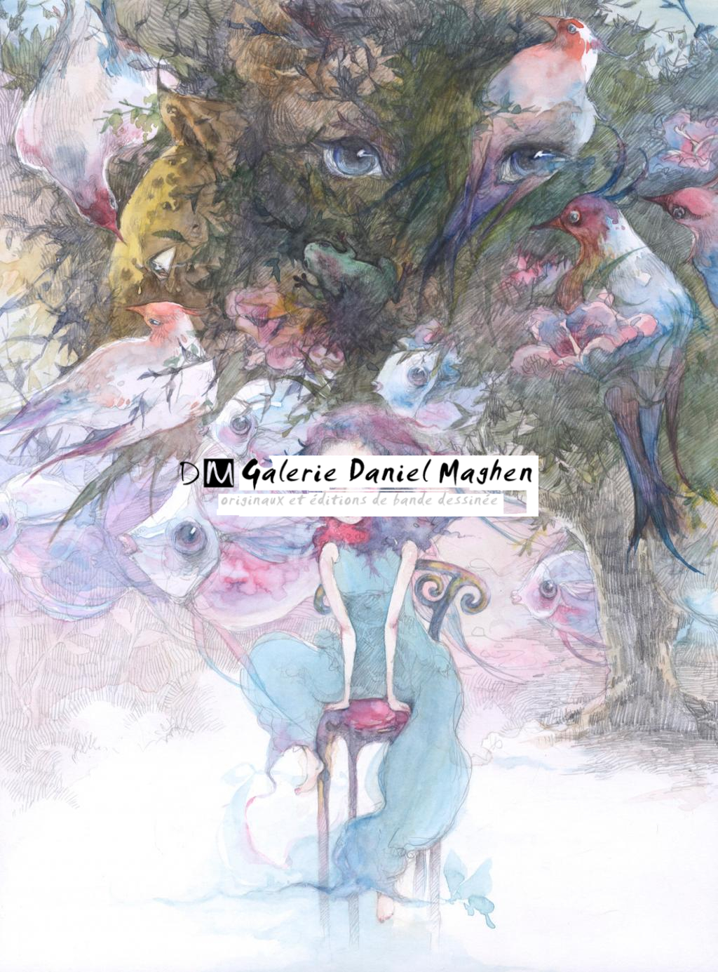 Illustration originale - filles aux poissons - Mimi - Aquarelle et mine de plomb sur papier - 2431