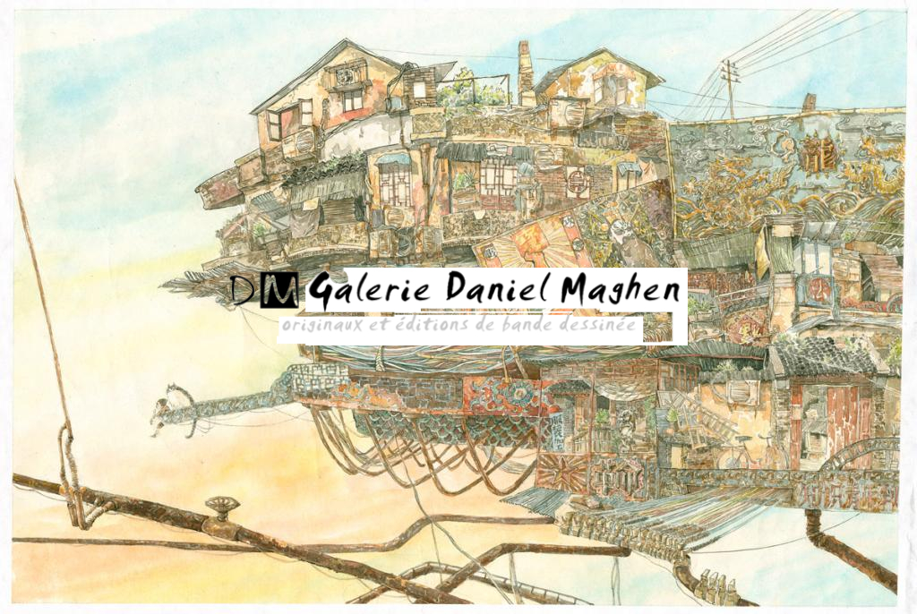 Illustration originale - Ville volante - An Ji - Aquarelle et mine de plomb sur papier - 2452