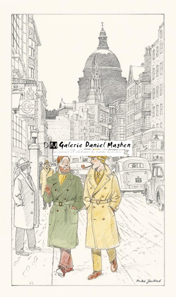 Rehaut Londres", impression pigmentaire sur papier Hahnemuhle Bamboo, réalisé à partir d'un dessin original d'André Juillard et réhaussé à la main aux crayons de couleur par l'auteur. 
Tirage limité à quinze exemplaires numérotés de 1/15 à 15/15 - André Juillard - 2570