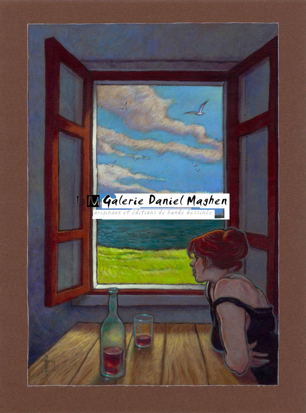 Illustration originale, Sara à la fenêtre. 2011 - Miguelanxo Prado - Acrylique sur papier teinté - 3773