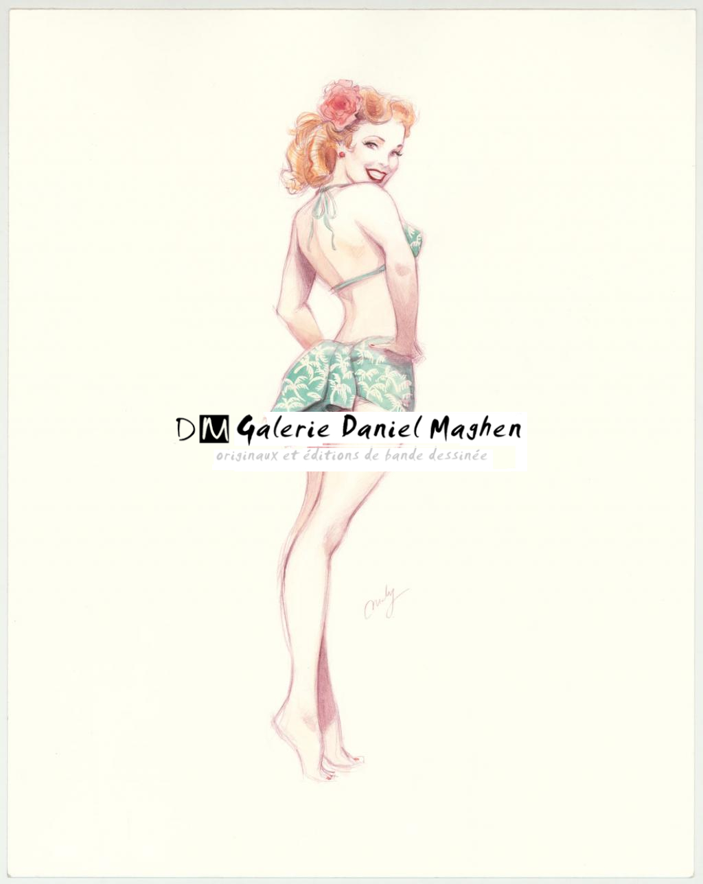 Illustration originale intitulée "I love my new bikini - Maly Siri - Crayon brun et aquarelle  - 3156