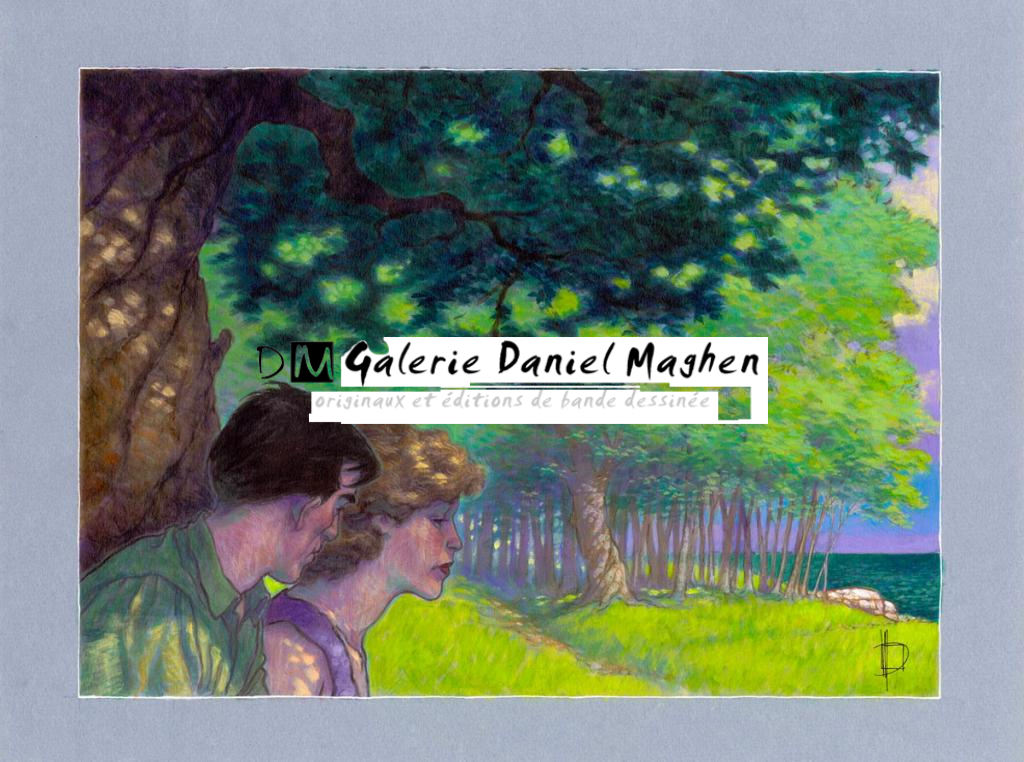 Illustration originale, Ana et Raúl sous les arbres, 2013 - Miguelanxo Prado - Acrylique sur papier teinté - 3767