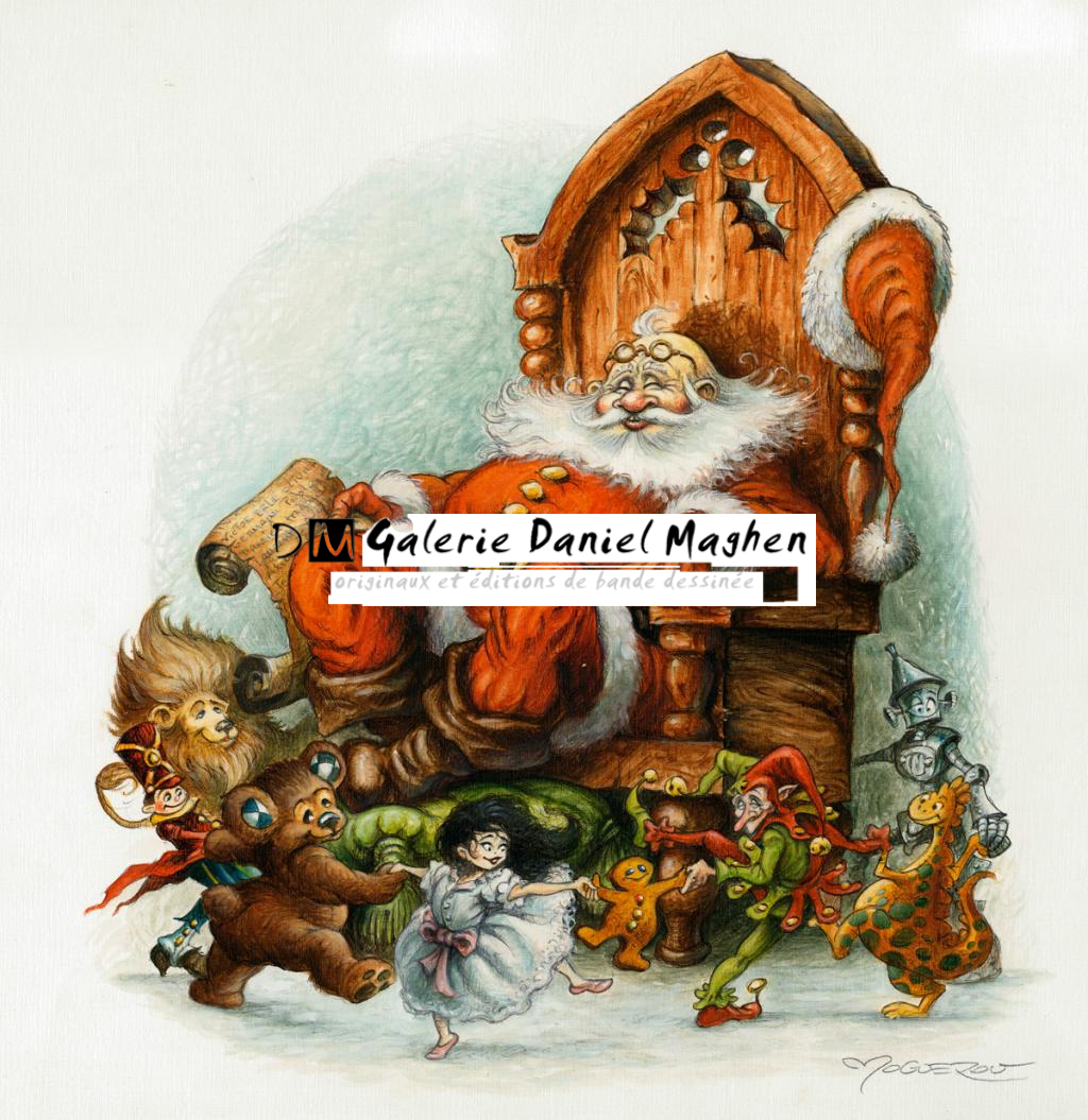 Illustration originale - Santa et la ronde des jouets - Pascal Moguérou - Stylo, gouache et encre de couleur - 2808