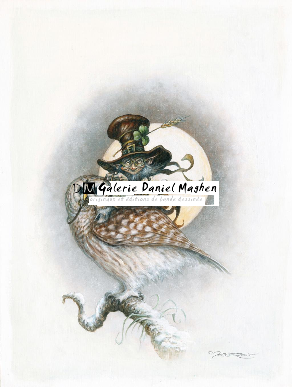 Illustration originale - Lutin sur la Chouette - Pascal Moguérou - Gouache et encre de couleur sur papier - 2816