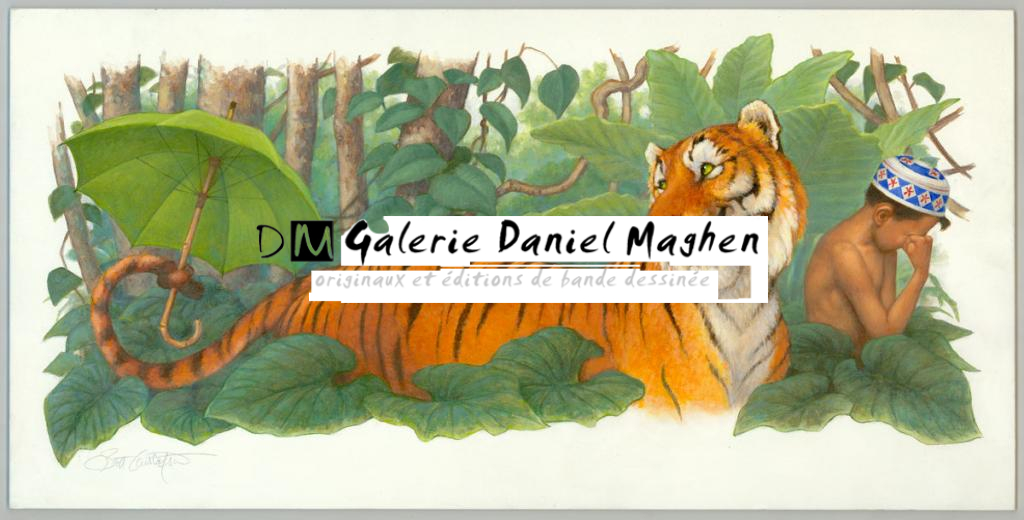 illustration originale intitulée : "Sambha and the Tiger with the Beautiful Green Umbrella - Scott Gustafson - Huile - 3883