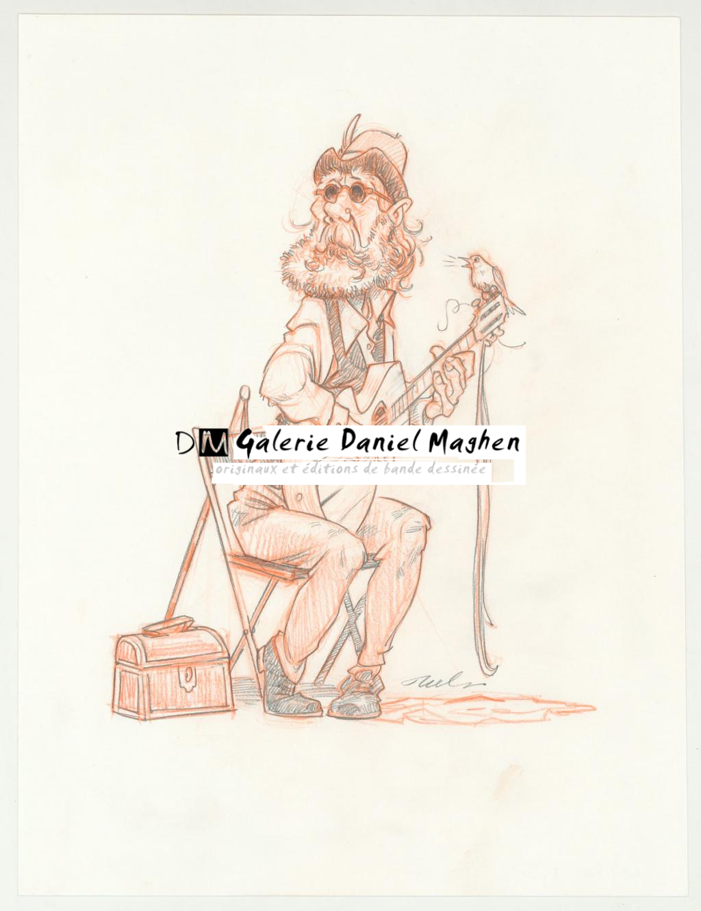 illustration originale intitulée "guitariste - Wouter Tulp - Mine de plomb et crayon de couleur - 3077