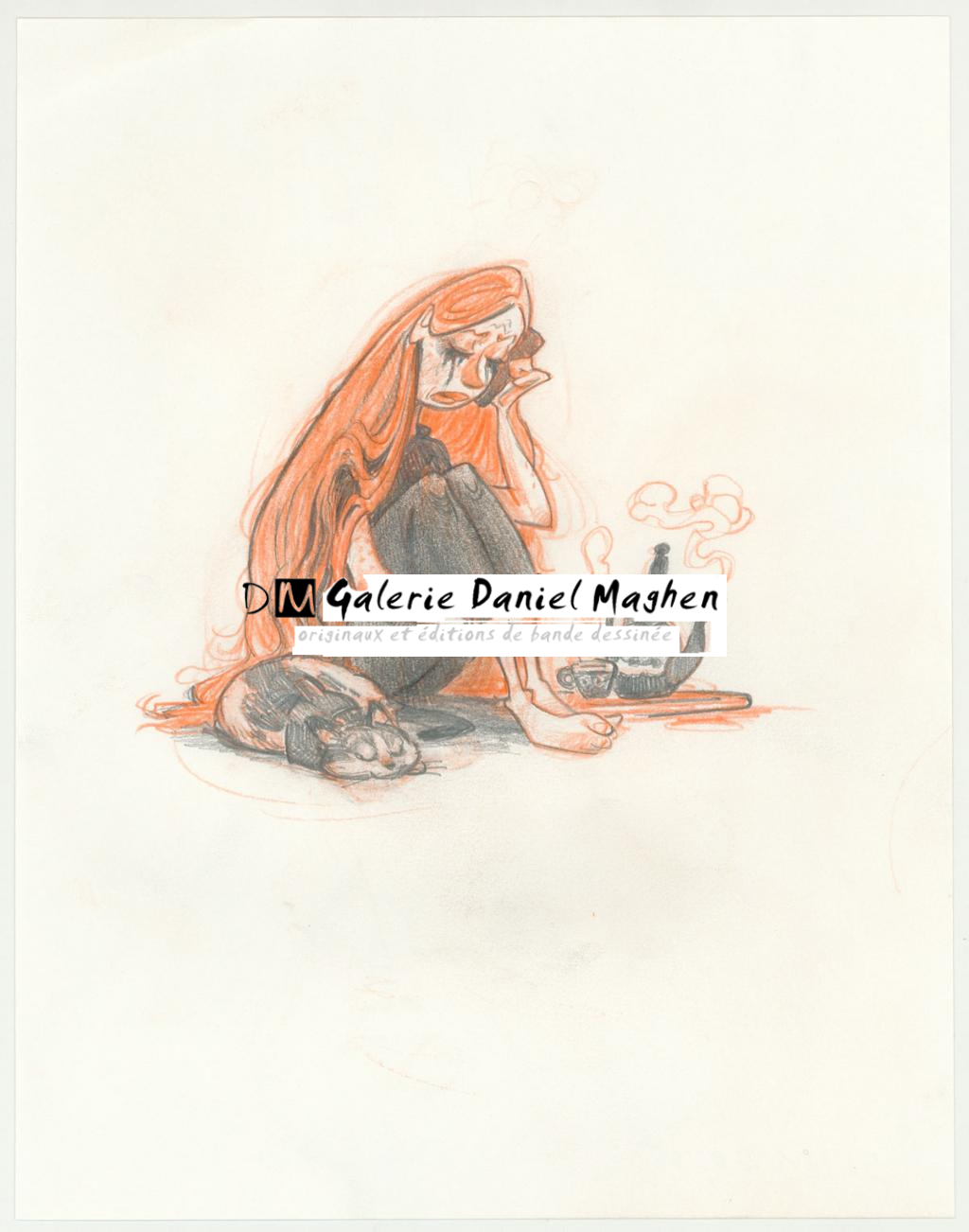 illustration originale intitulée "Femme et chat - Wouter Tulp - Mine de plomb et crayon de couleur - 3076