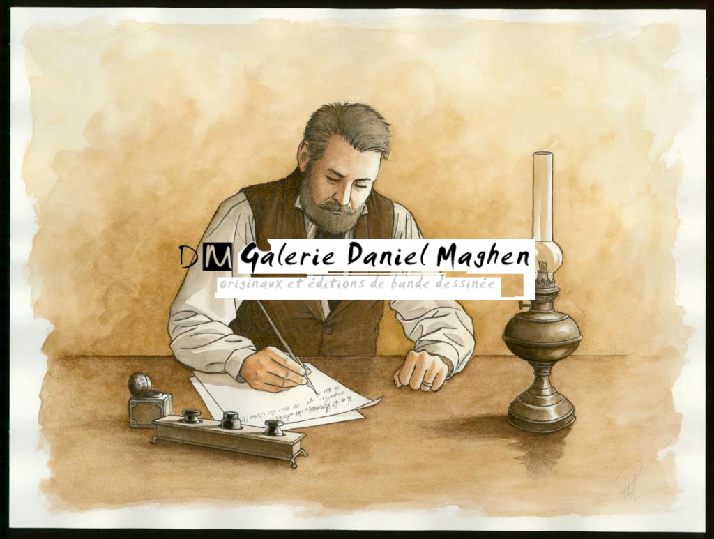 Illustration originale - Victor Hugo écrivant à Lord Palmerston - Laurent Paturaud - Aquarelle et crayon de couleur sur papier - 3391