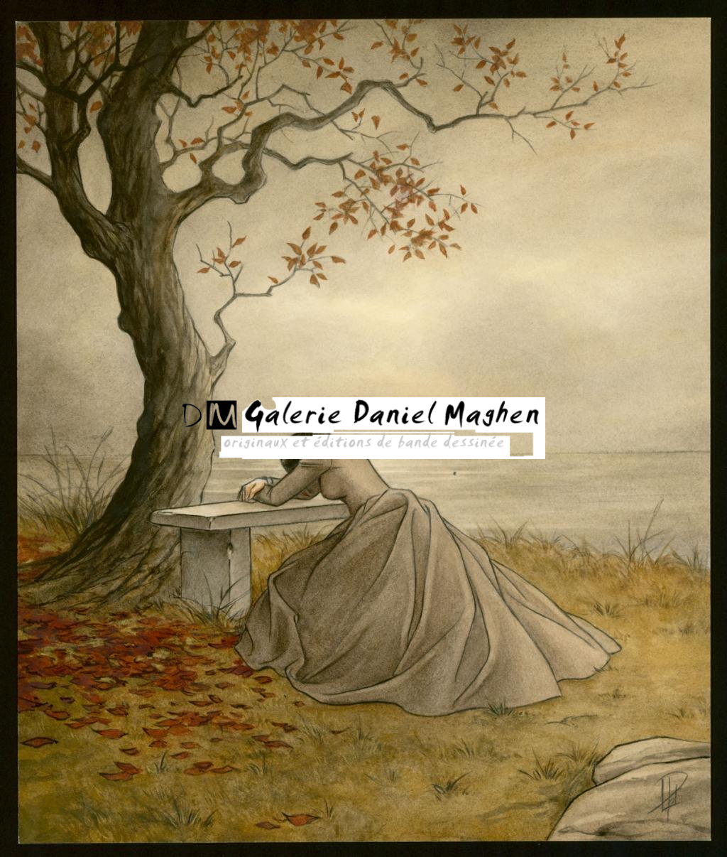 Illustration originale 13 - Adèle sur le Banc - Laurent Paturaud - Aquarelle et crayon de couleur sur papier - 3388