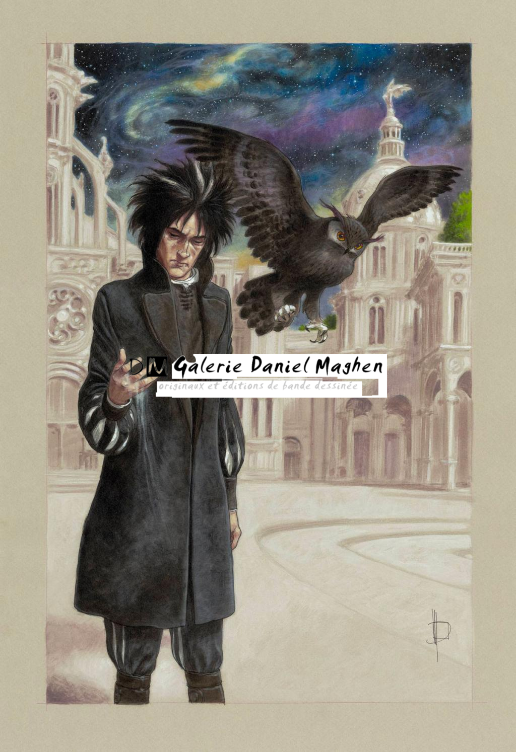 Illustration originale inédite - Sandman  et hibou - Miguelanxo Prado - Encre de Chine et acrylique sur papier - 3775