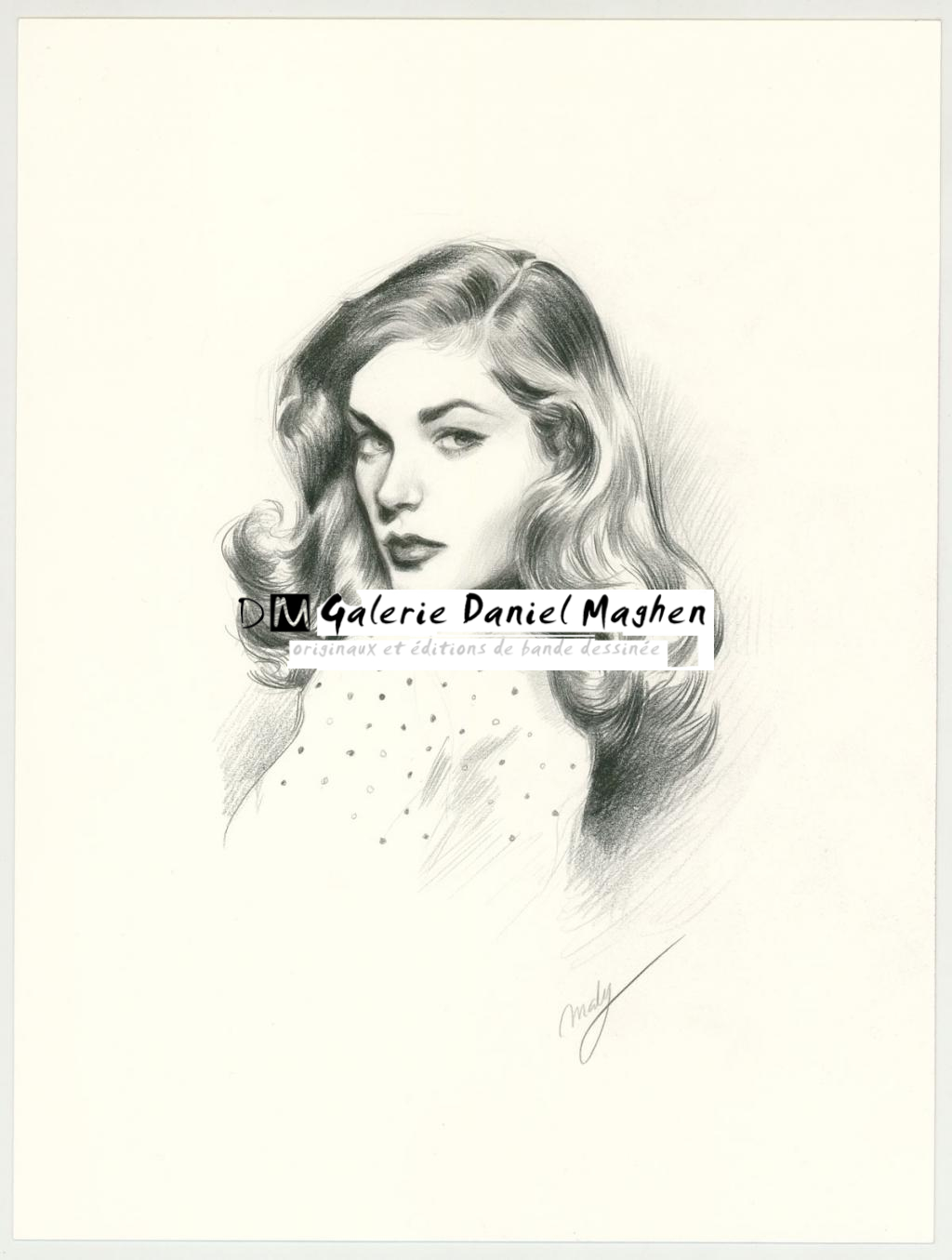 Illustration originale intitulée "Lauren Bacall - Maly Siri - Crayon sur papier - 3092