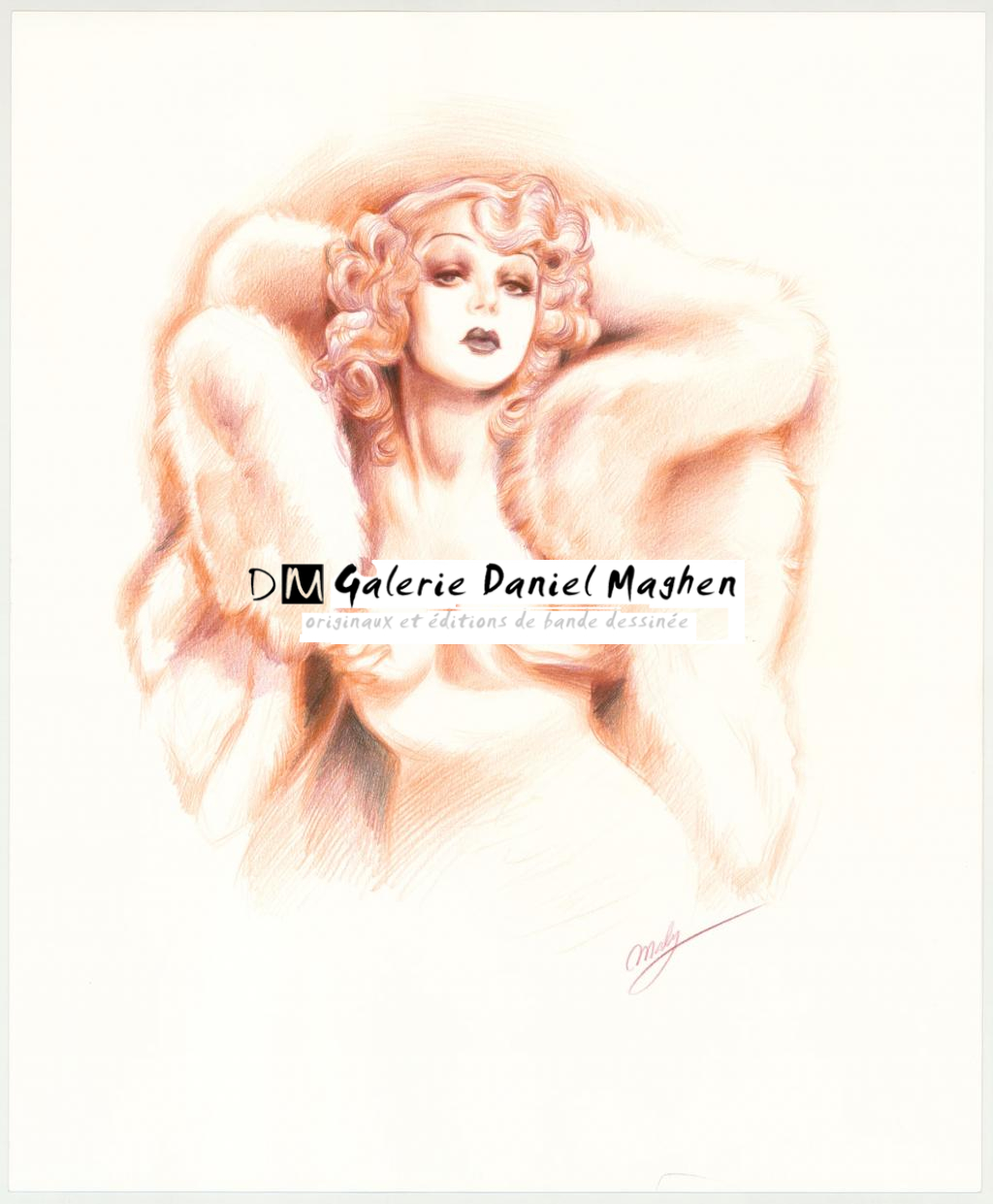 Illustration originale intitulée "Jean Harlow and a fur coat - Maly Siri - Crayon sur papier - 3094