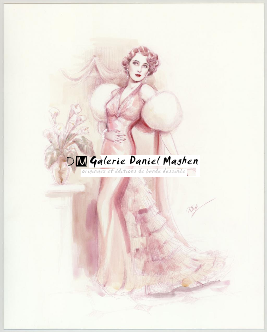 Illustration originale intitulée "Gloria Hartfield - Maly Siri - Crayon brun et aquarelle  - 3096