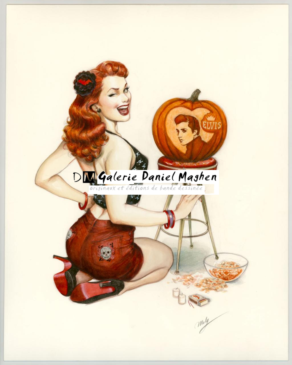 Illustration originale intitulée "Happy Rockin' Halloween - Maly Siri - Crayon brun et aquarelle  - 3100