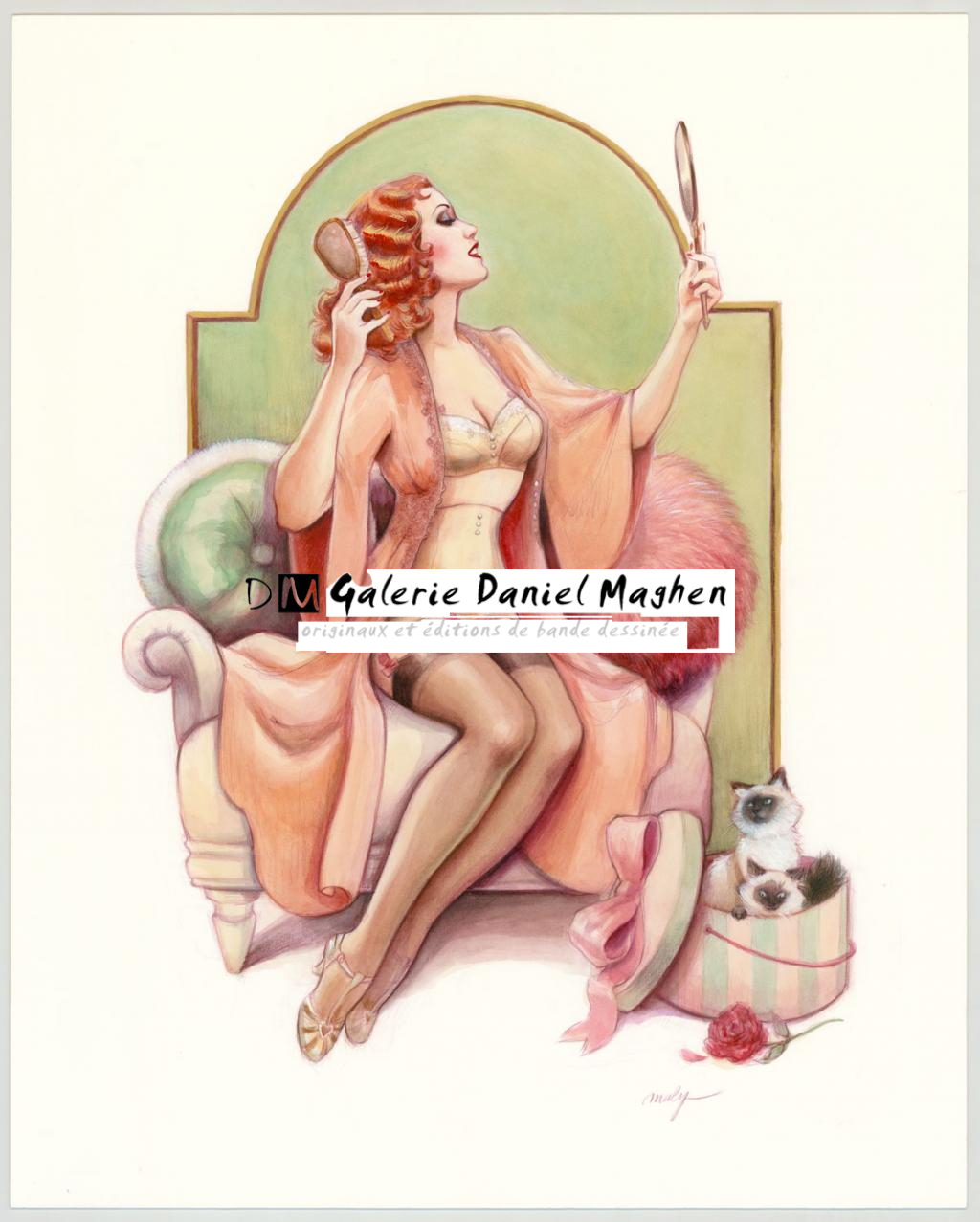 Illustration originale intitulée "La jolie Coquette - Maly Siri - Crayon brun et aquarelle  - 3101