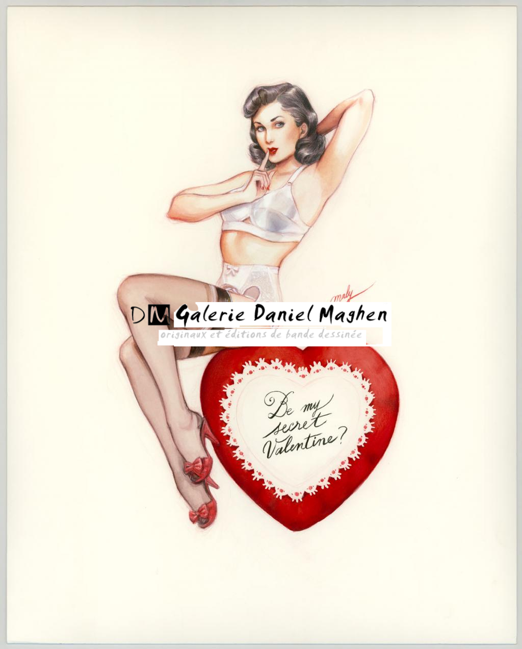 Illustration originale intitulée "Be my secret valentine - Maly Siri - Crayon brun et aquarelle  - 3102