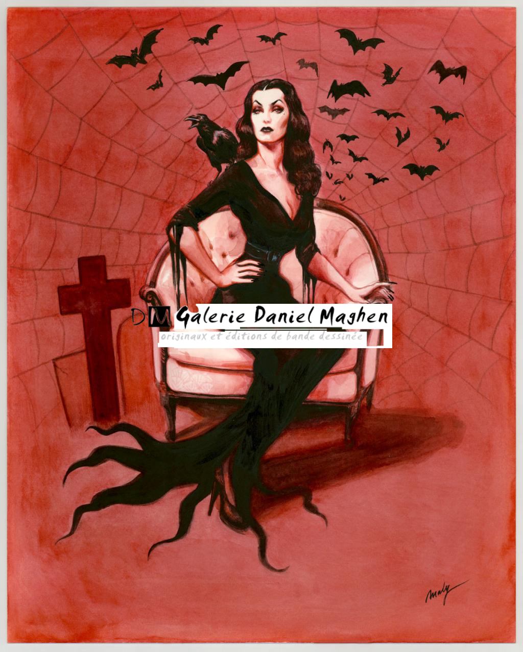 Illustration originale intitulée "Vampira - Maly Siri - Crayon brun, aquarelle et encre de Chine - 3105