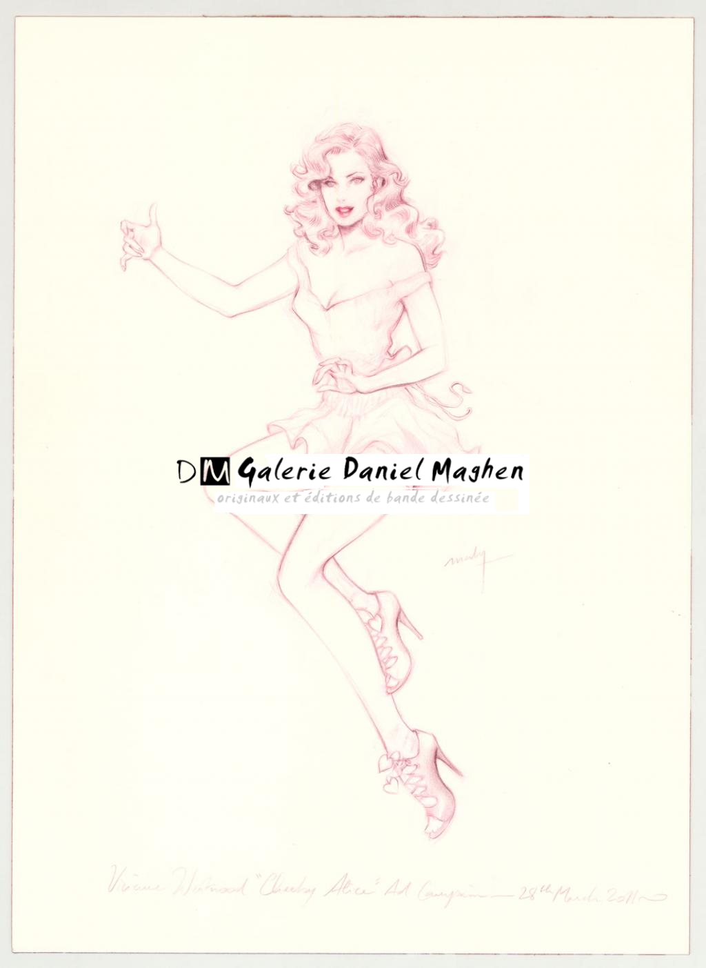 Illustration originale intitulée "Vivienne Westwood research sketch for Naughty Alice and campaign - Maly Siri - Crayon de couleur sur papier - 3108