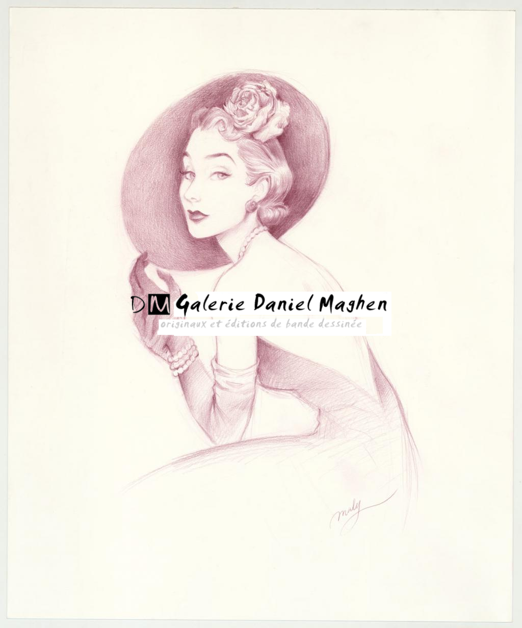 Illustration originale intitulée "Suzy Parker sketch - Maly Siri - Crayon de couleur sur papier - 3109