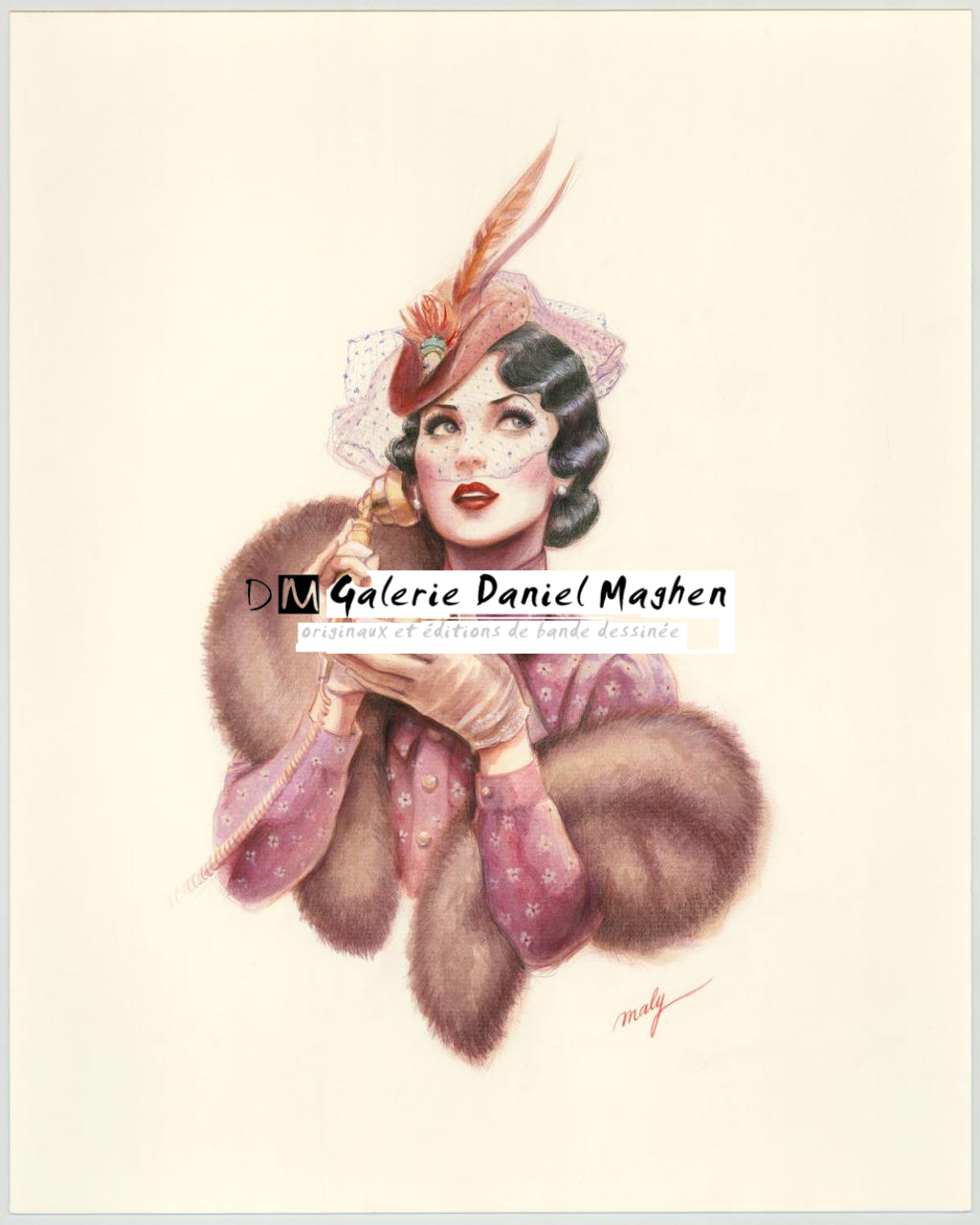 Illustration originale sur papier Art Board, intitulée "Hello Honey - Maly Siri - Crayon brun et aquarelle  - 3112