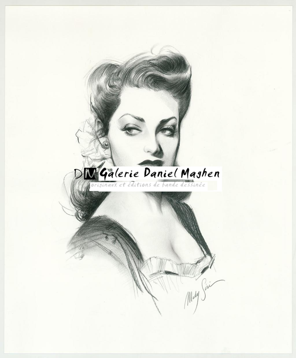 illustration originale intitulée "Linda Darnell - Maly Siri - Fusain et pierre noire sur papier - 3116