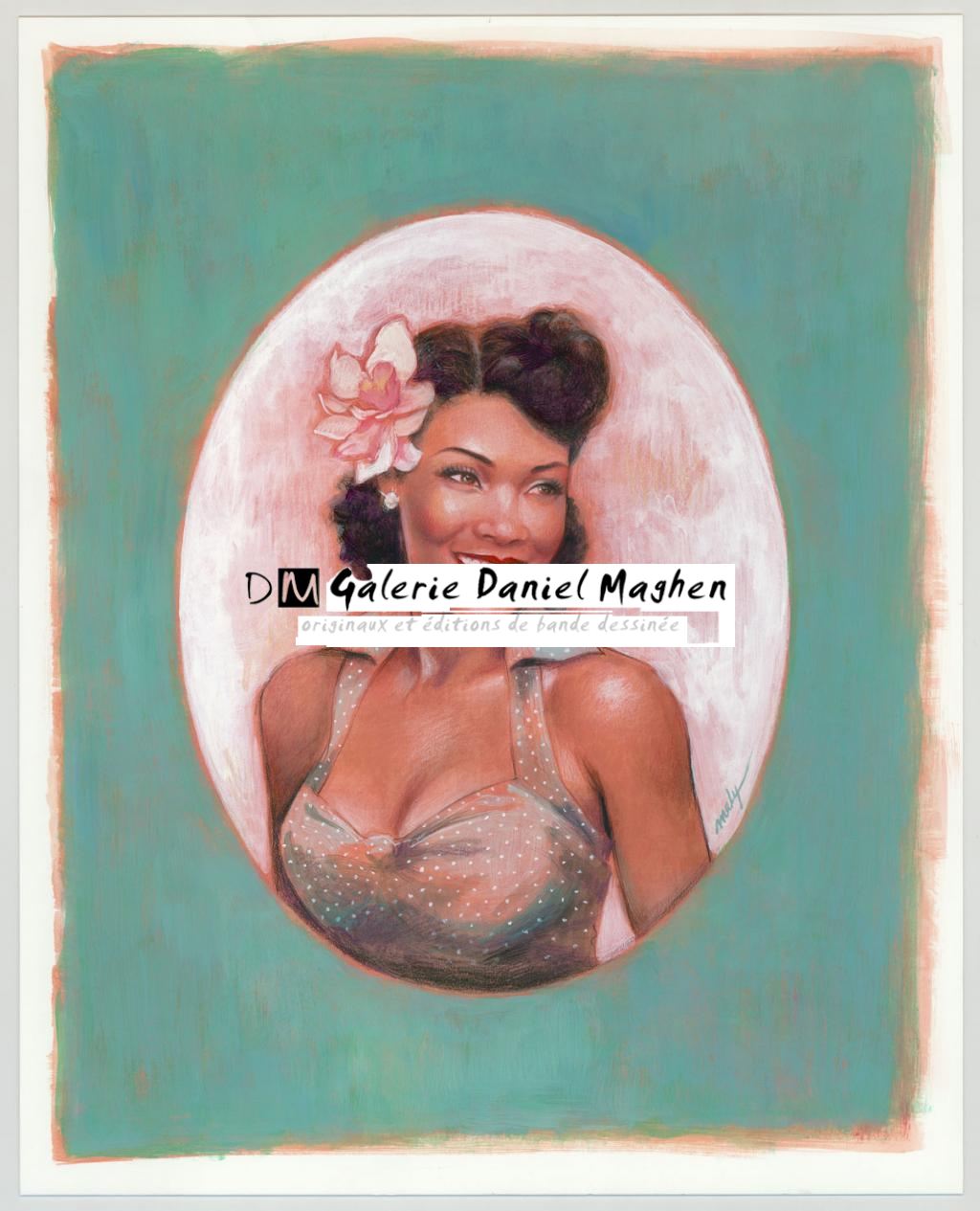 Illustration originale sur papier Art Board,  intitulée "Portrait of Angelique Noire - Maly Siri - Acrylique et crayon sur papier - 3127