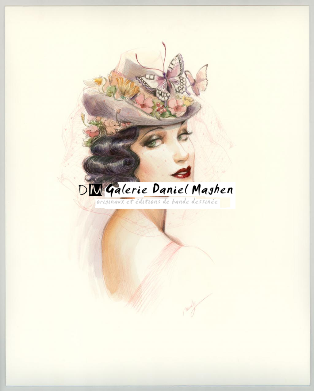 Illustration originale sur papier Art Board,  intitulée "A suitable hat for spring - Maly Siri - Aquarelle et crayon sur papier - 3128