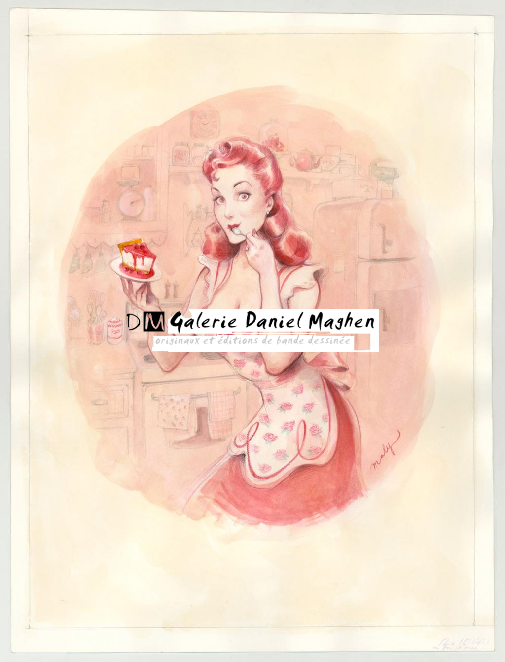 Illustration originale intitulée "Le Cheesecake aux Framboises - Maly Siri - Aquarelle et crayon sur papier - 3132