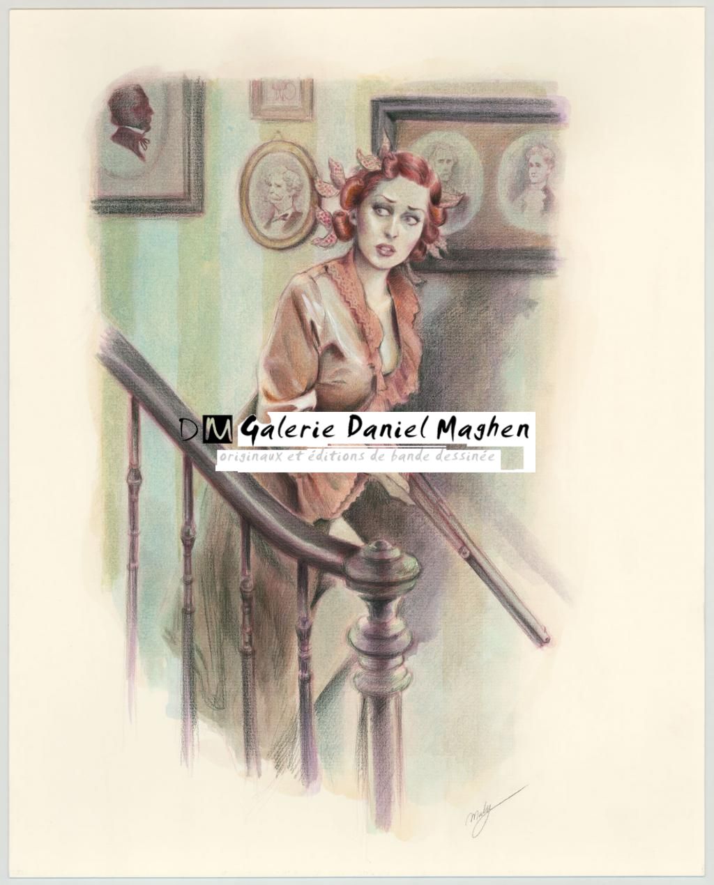 Illustration originale sur papier Art Board,  intitulée "Betsy et son fusil - Maly Siri - Aquarelle et crayon sur papier - 3136