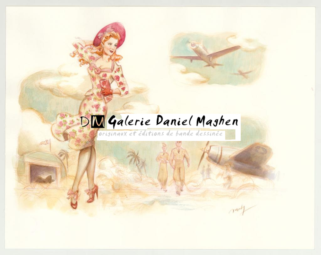 Illustration originale intitulée "The Tarmac - Maly Siri - Aquarelle et crayon sur papier - 3137