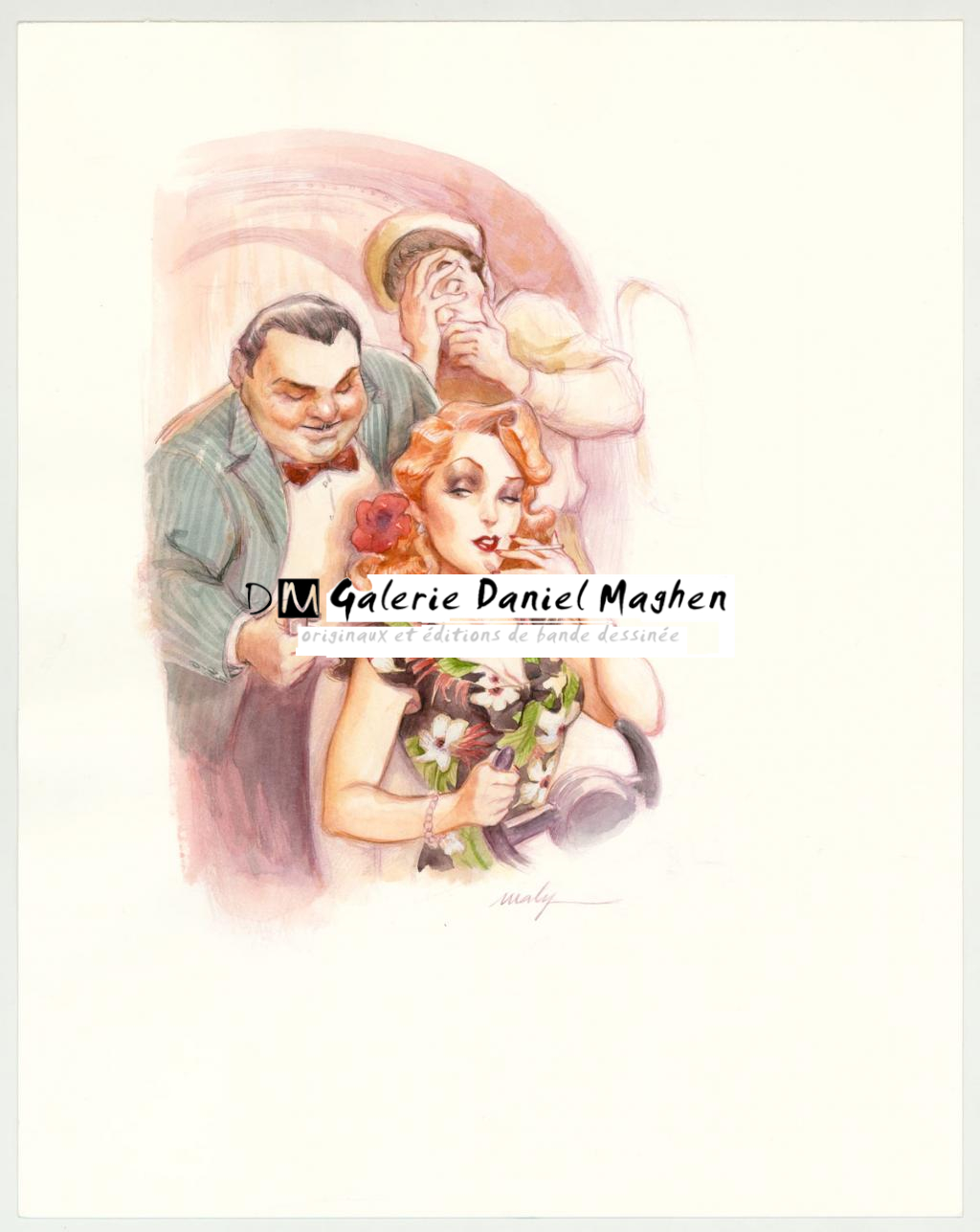 Illustration originale intitulée "Je vais poser ce coucou sur la p'tite plage là-bas, elle a pas l'air mal - Maly Siri - Aquarelle et crayon de couleur sur papier - 3143