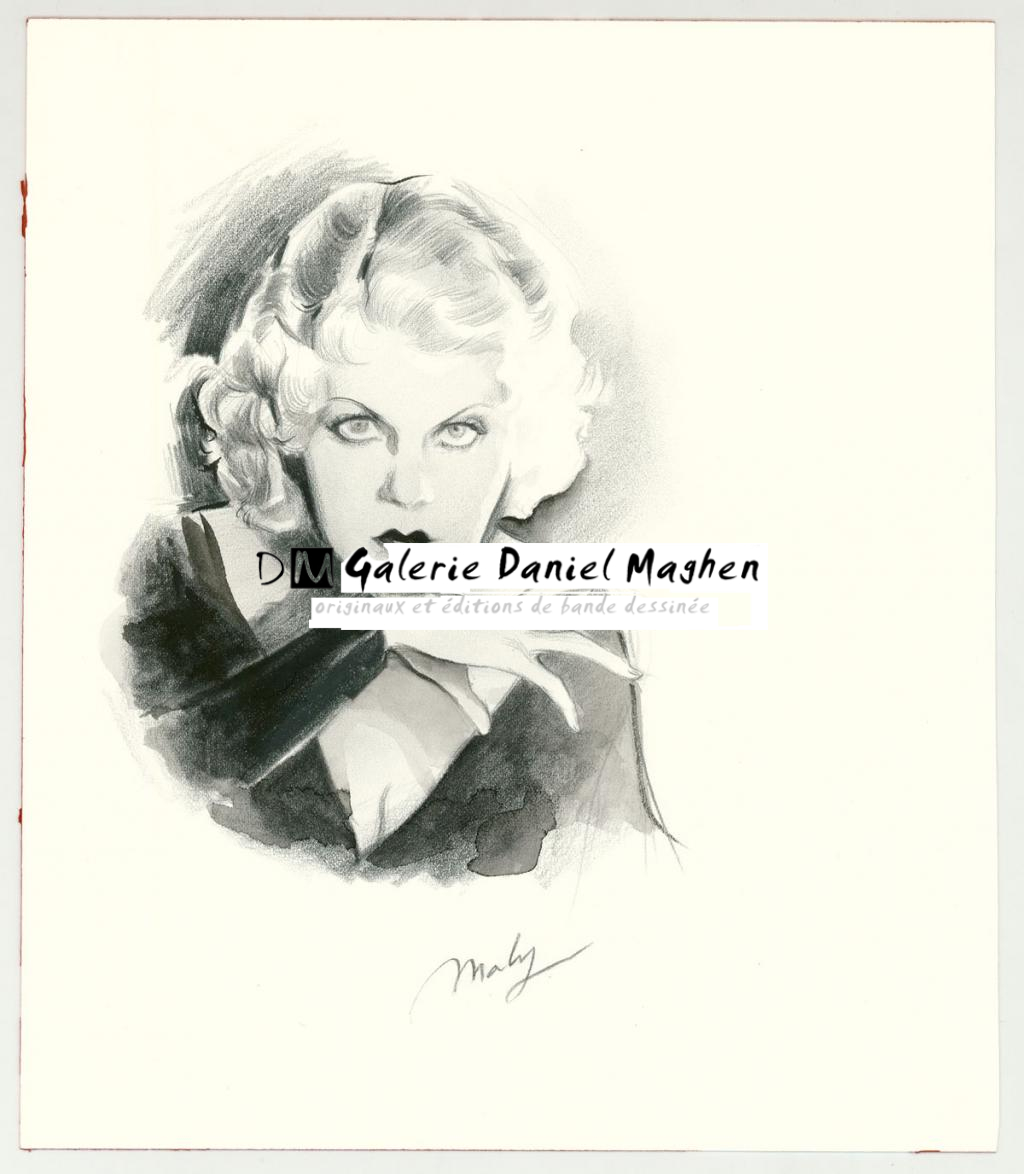 Illustration originale intitulée "Jean Harlow sketch - Maly Siri - Encre de Chine et crayon sur papier - 3144