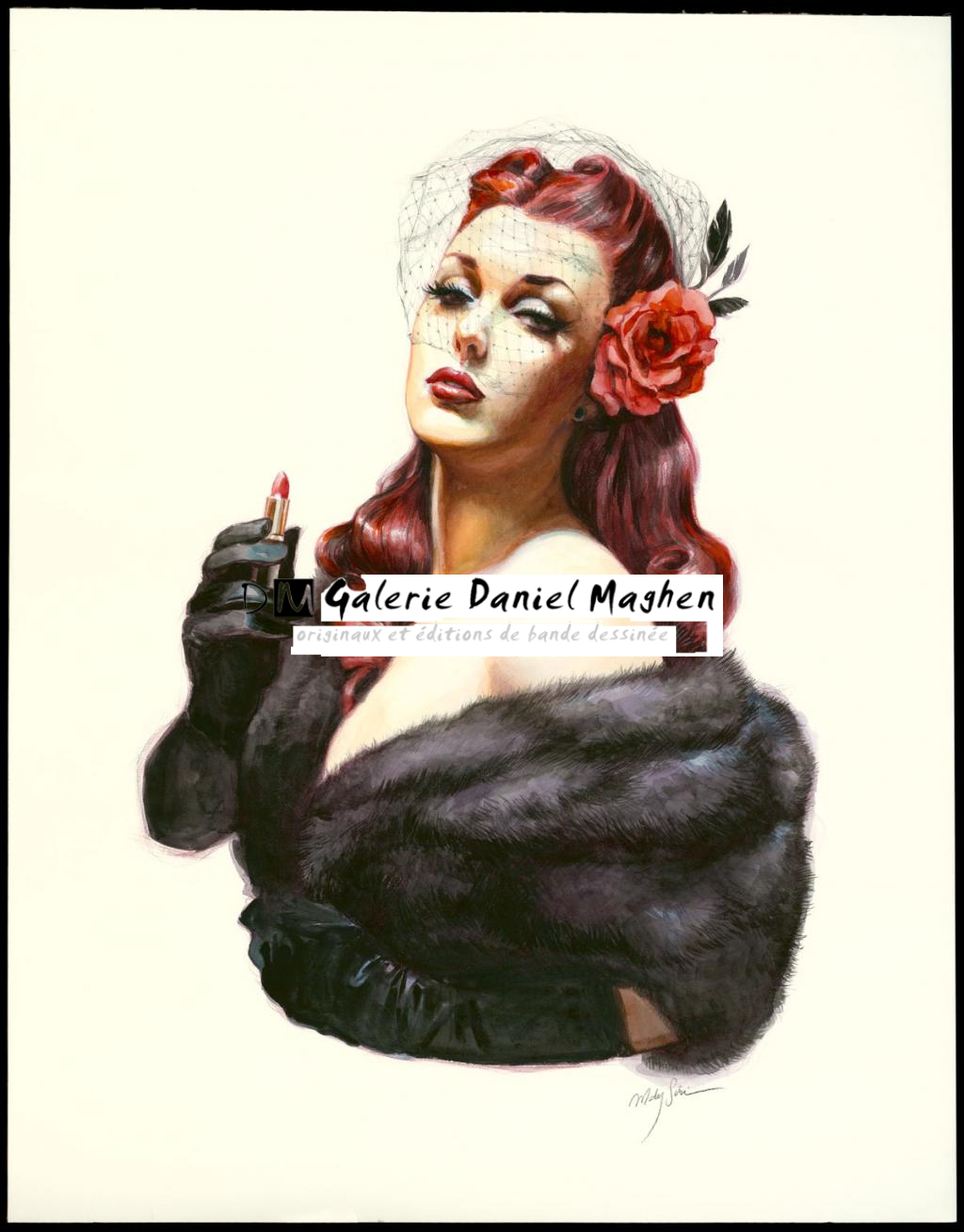 Illustration originale sur papier Art Board,  intitulée "Ruby Red Lips - Maly Siri - Aquarelle et crayon de bois sur papier - 3149