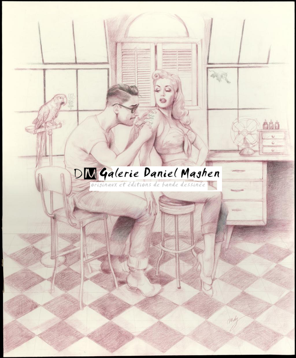 Illustration originale sur papier Art Board,  intitulée "The Tatoo Shop-study - Maly Siri - Crayon sur papier - 3152