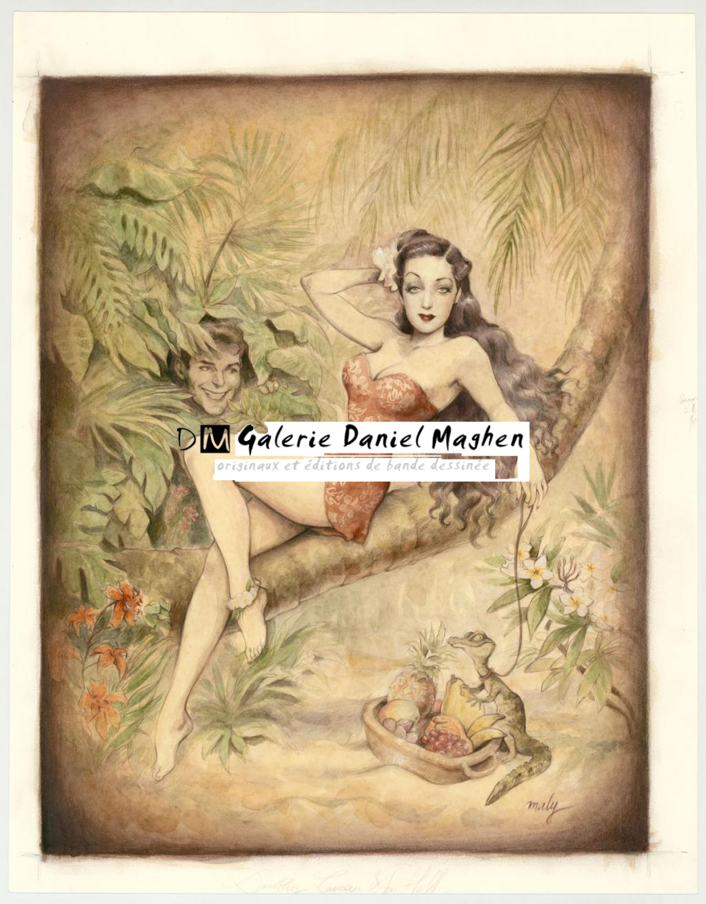 Illustration originale intitulée "The Moon of Manakoora (Dorothy Lamour) - Maly Siri - Aquarelle et crayon sur papier - 3173