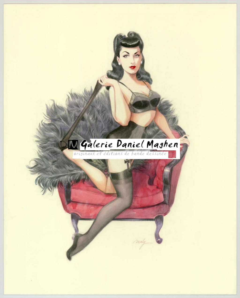 Illustration originale sur papier Art Board, intitulée "Minsky Stockings - Maly Siri - Aquarelle et crayon sur papier - 3174